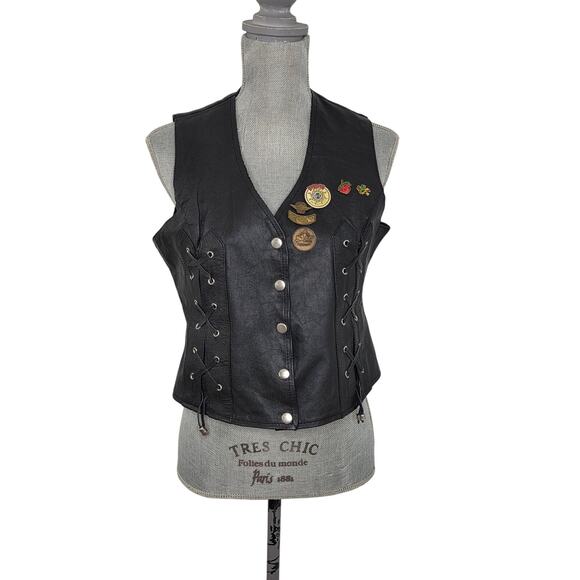 Genuine Leather Lace Up Button V Neck Vest Motorcycle Patch Black Size Large - Picture 1 of 7